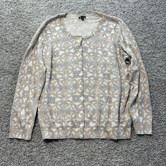 Talbots Womens 1X Floral Paisley Cardigan Sweater Button Front Beige & Gray - Picture 2 of 8